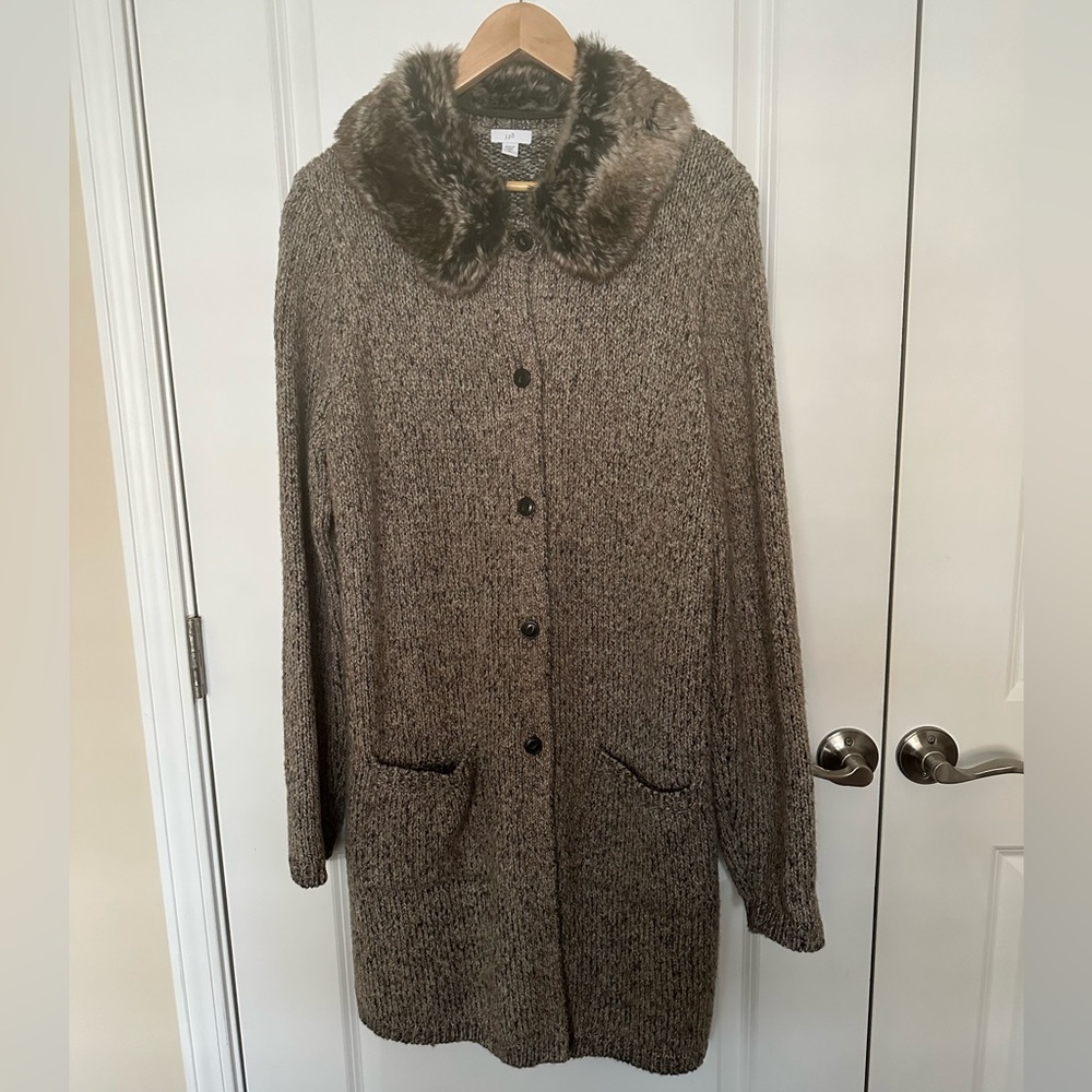 J Jill Brown Tweed Duster Length Sweater Coat Faux Fur Collar Sz M Tall EUC